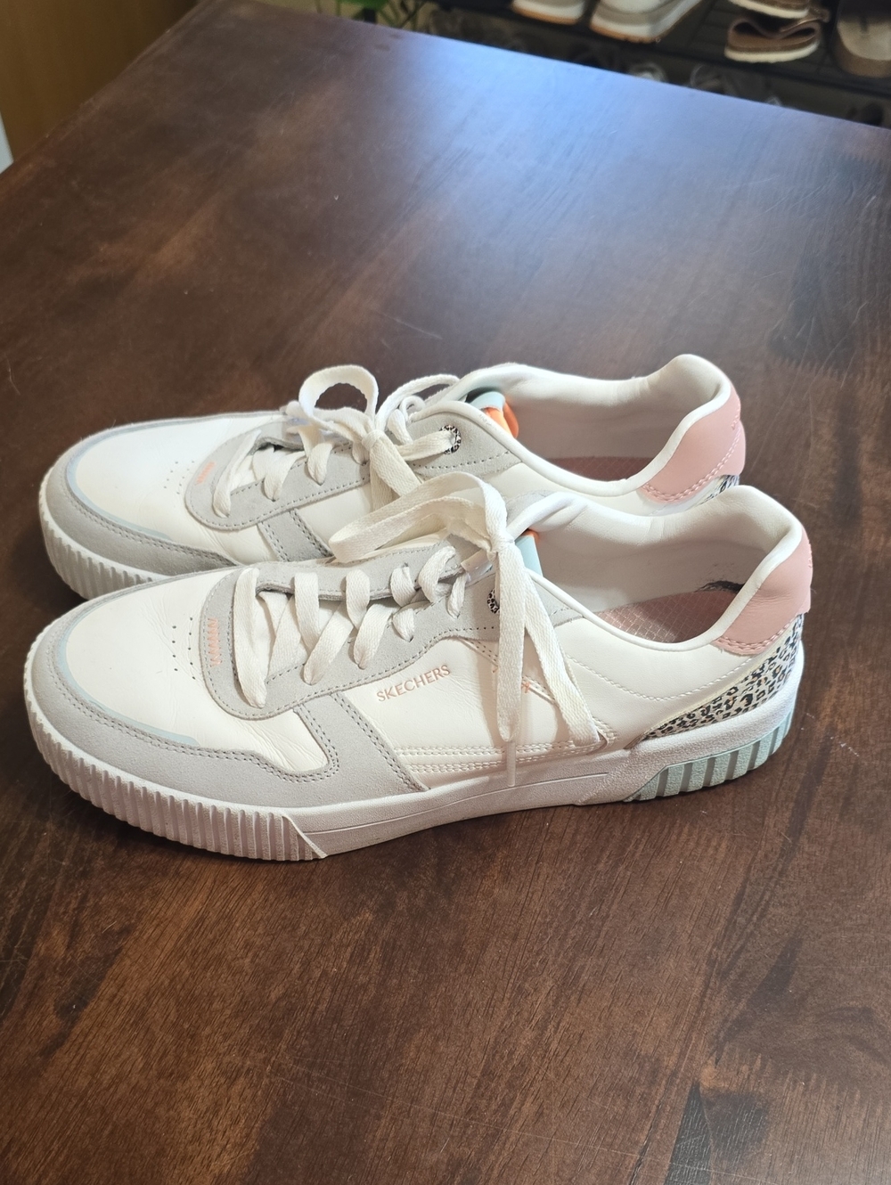 Skechers White, Pink & Light Gray Lace-Up Sneakers with Animal Accent